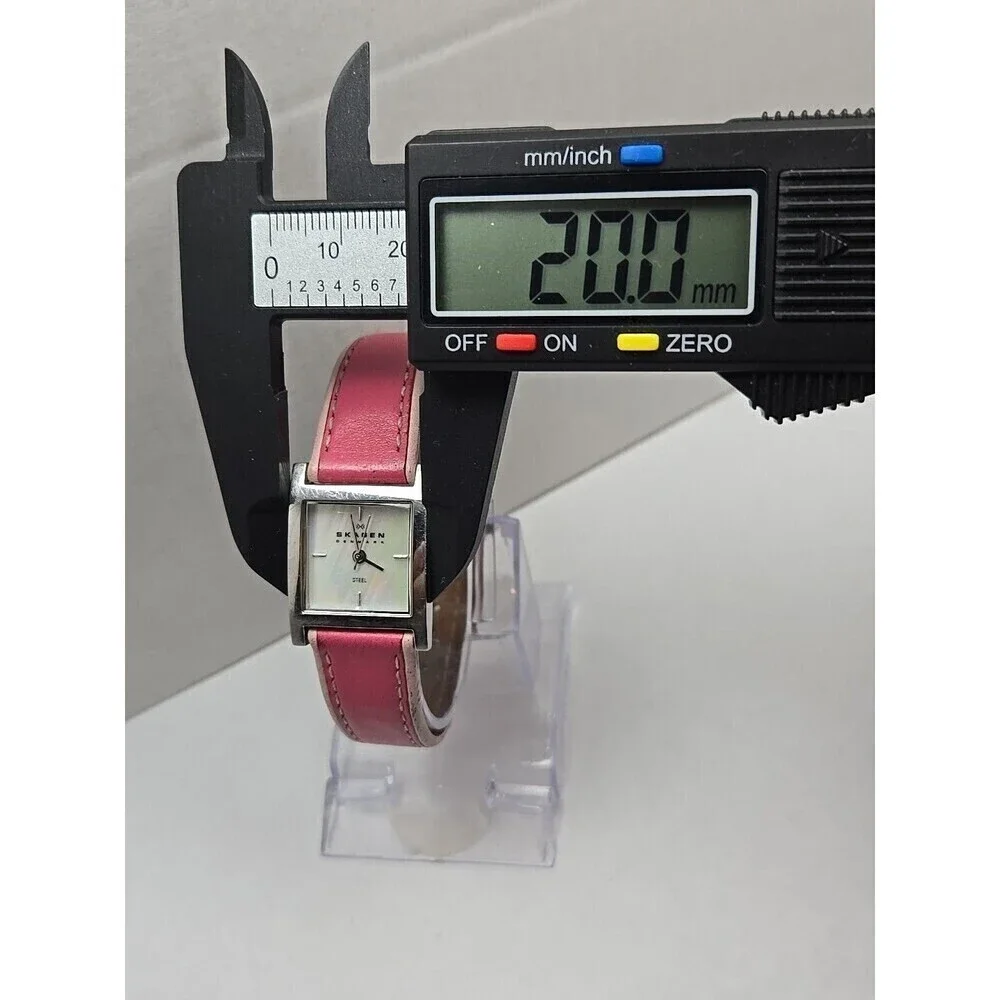 Skagen 528SSLP Women Square Watch Pearl Pink Leather Stainless Steel New Battery